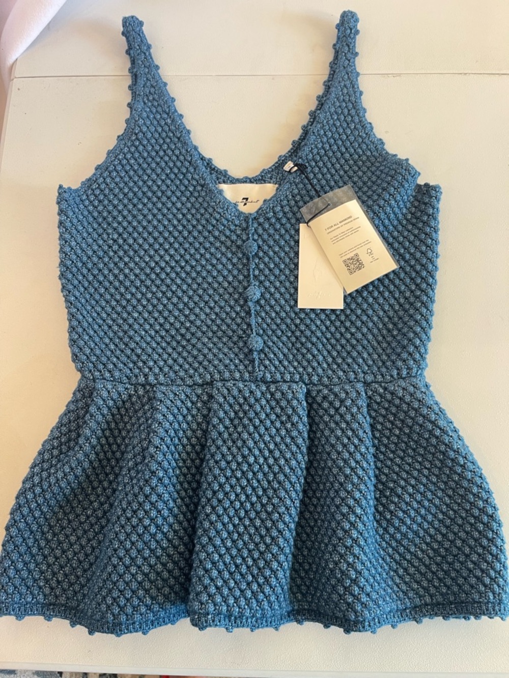 7 For All Mankind Blue Crochet Knit Peplum Top Tank Boho V Neck Coastal Chic M - Picture 3 of 15